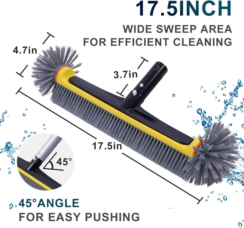 POOLAZA Pool Brush Head with Round Ends, Heavy Duty Pool Brushes for Cleaning Pool Walls, Floors Steps & Corners, 17.5" Pool Brush with Sturdy Aluminum Handle & Durable Nylon Bristles (Yellow) - Image 5